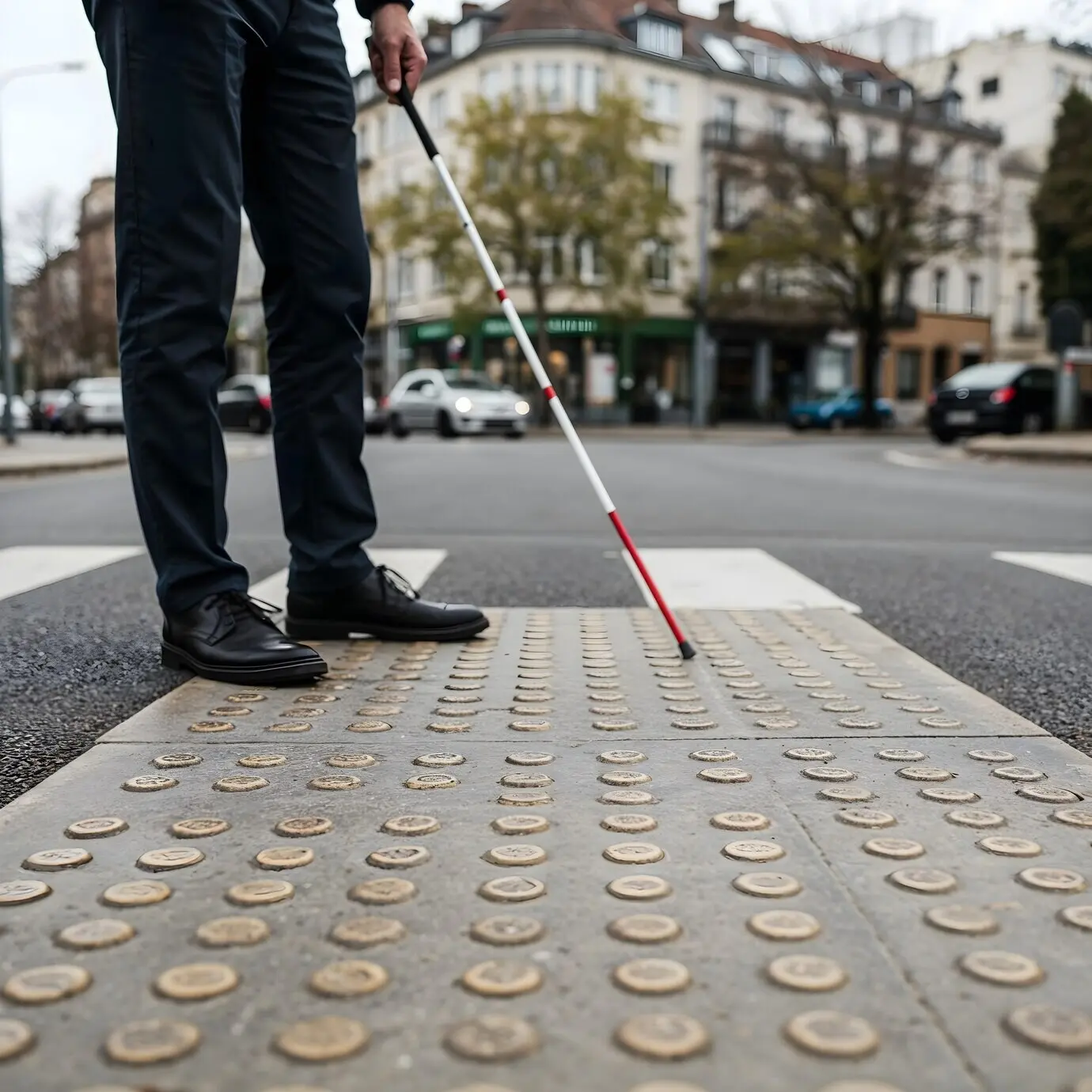 Una persona con bastón cruza un paso peatonal.